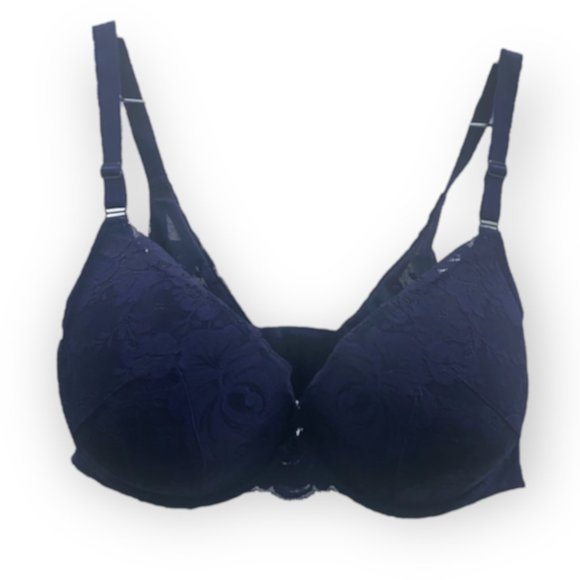LIKE NEW!! 42DDD TORRID NAVY BLUE PLUNGE PUSH-UP FLORAL LACE BACK SMOOTHING BRA - Picture 4 of 10